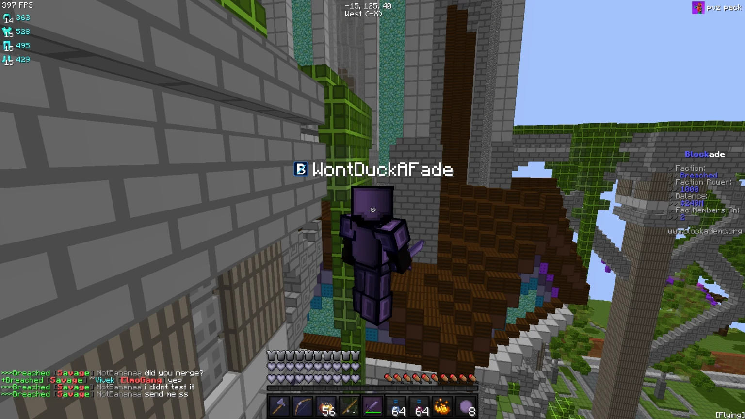 Breached development gameplay showing a player, client badge and configurable HUD in Minecraft Java Edition